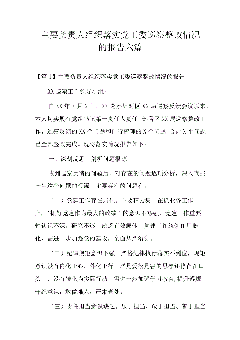 主要负责人组织落实党工委巡察整改情况的报告六篇.docx_第1页