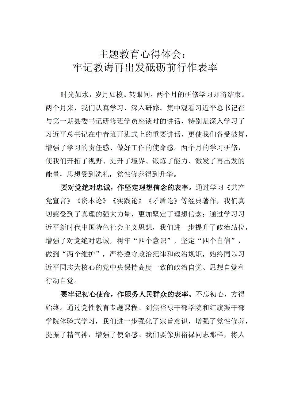 主题教育心得体会：牢记教诲再出发砥砺前行作表率.docx_第1页