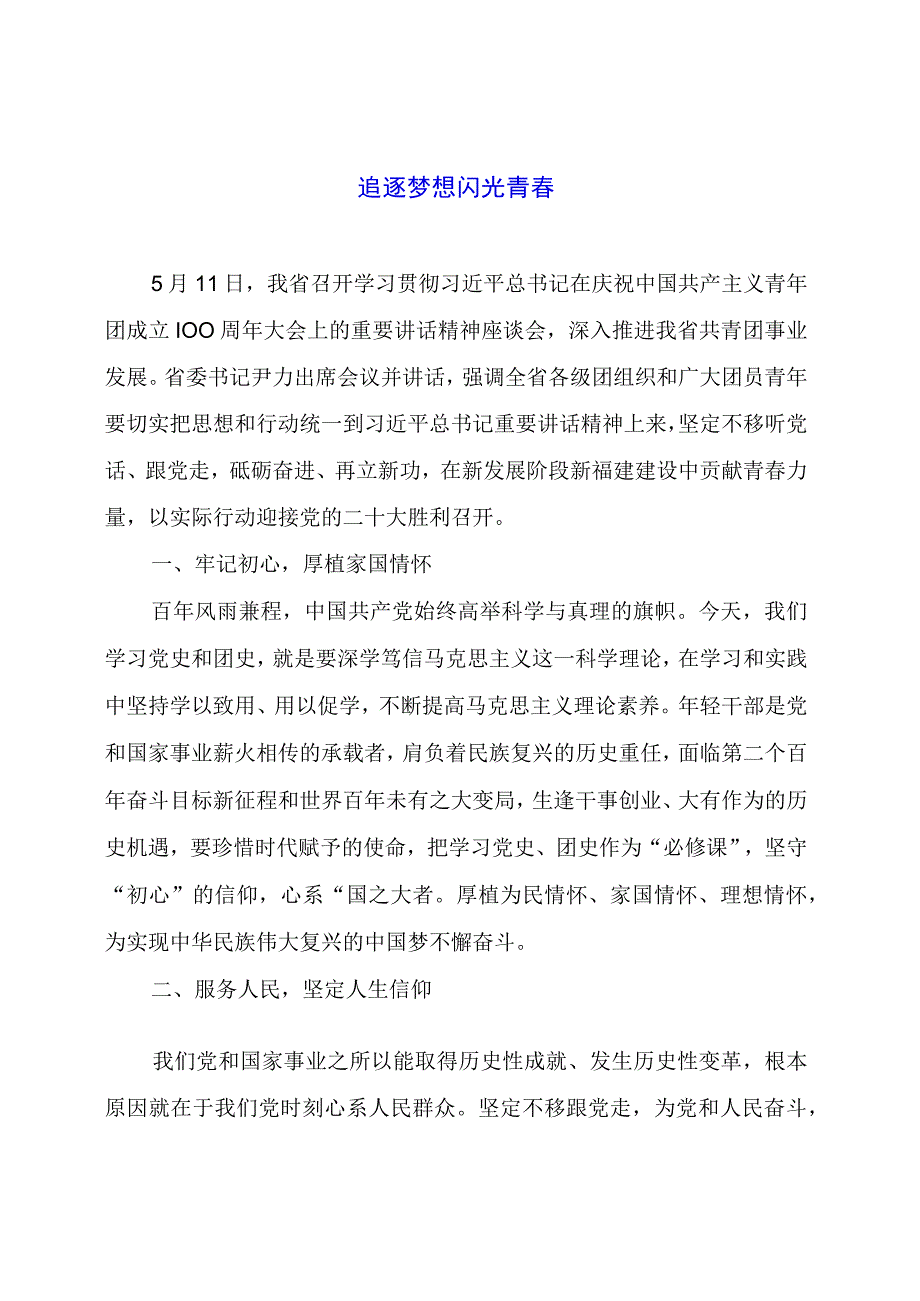 党课讲稿材料： 追逐梦想 闪光青春.docx_第1页