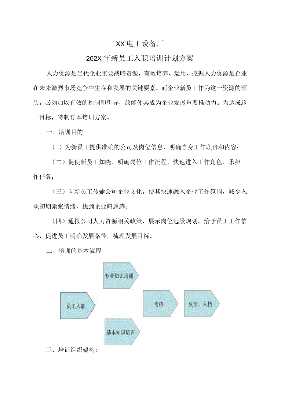 XX电工设备厂202X年新员工入职培训计划方案（2023年）.docx_第1页