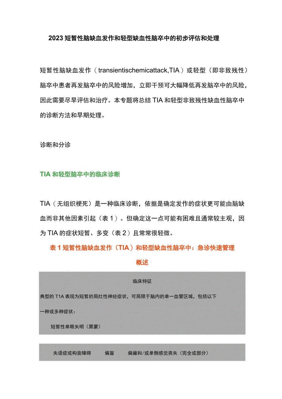 2023短暂性脑缺血发作和轻型缺血性脑卒中的初步评估和处理.docx_第1页