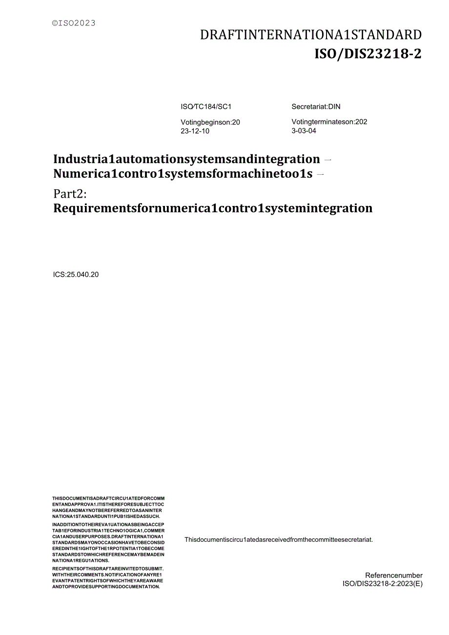 ISO／DIS 23218-2：2020 Industrial automation systems and integration— Numerical control systems for machine tools— Part2：Requirem.docx_第1页