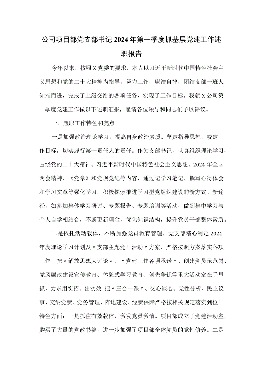 公司项目部党支部书记2024年第一季度抓基层党建工作述职报告.docx_第1页