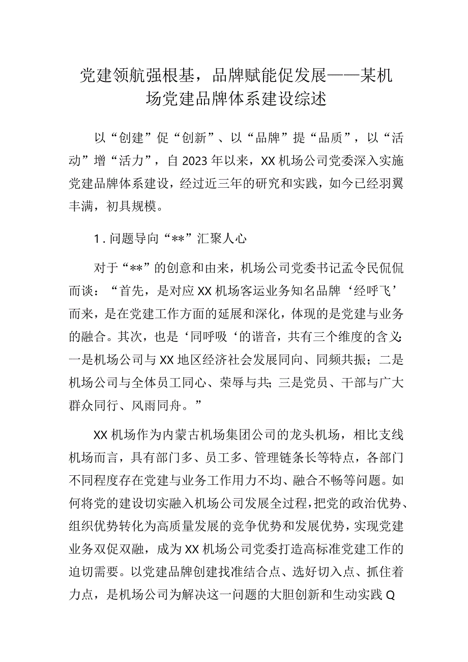 党建领航强根基品牌赋能促发展——某机场党建品牌体系建设综述报告.docx_第1页