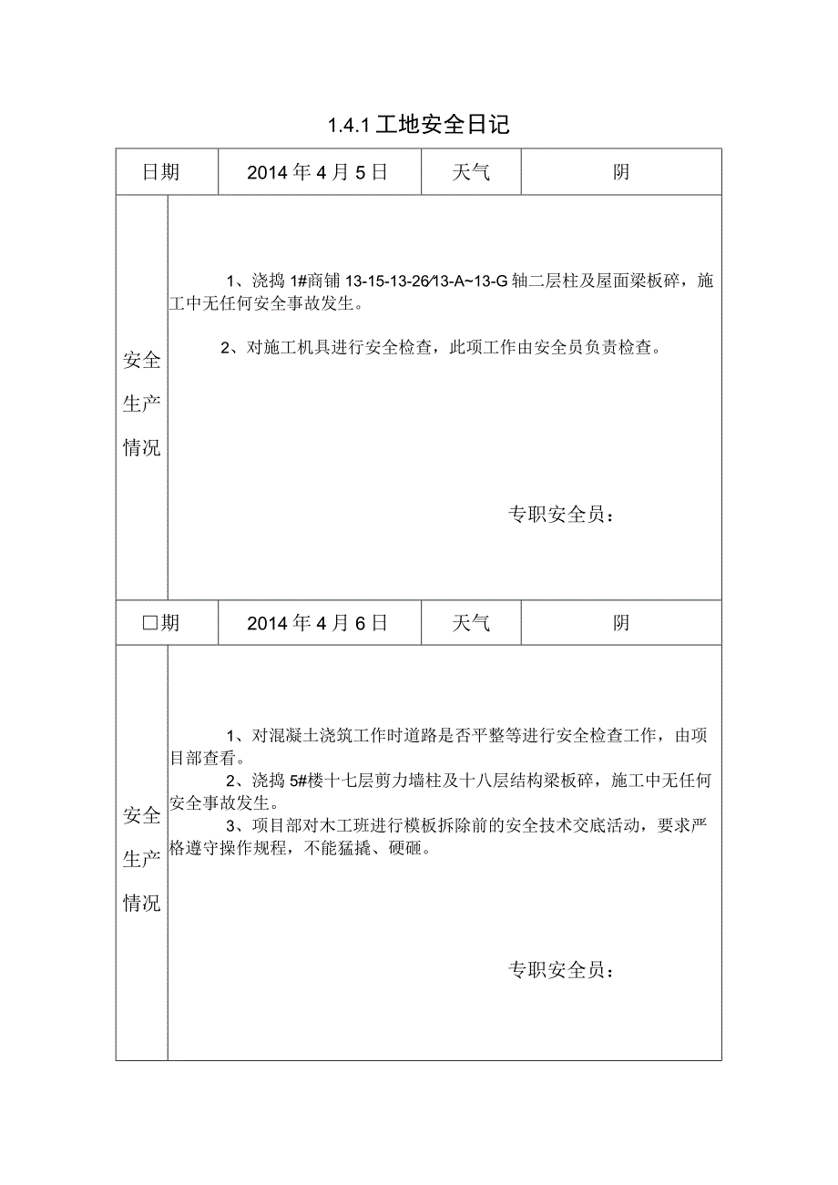 [施工资料]工地安全日记(21).docx_第1页