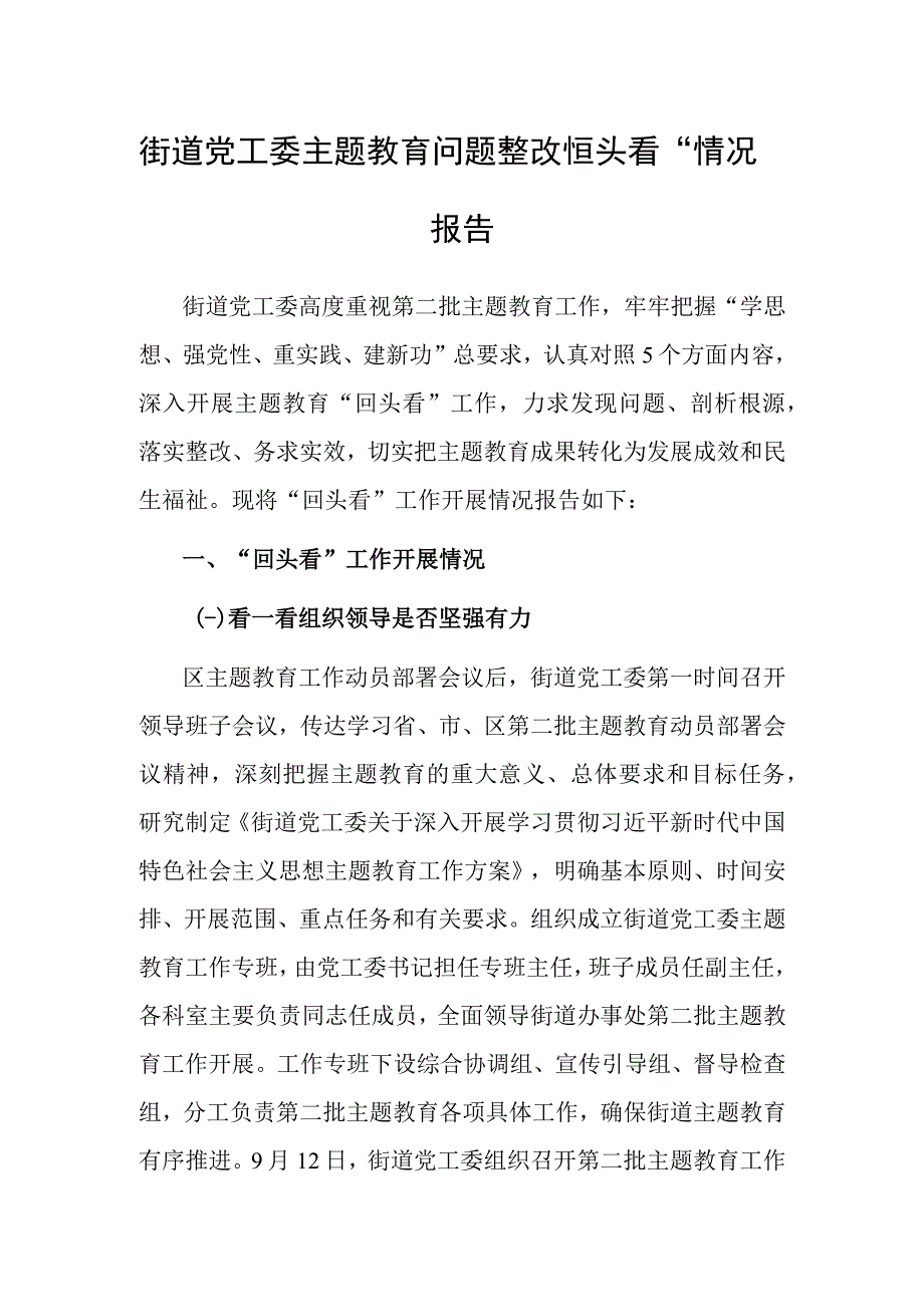 主题教育问题整改“回头看”情况报告（街道党工委）.docx_第1页