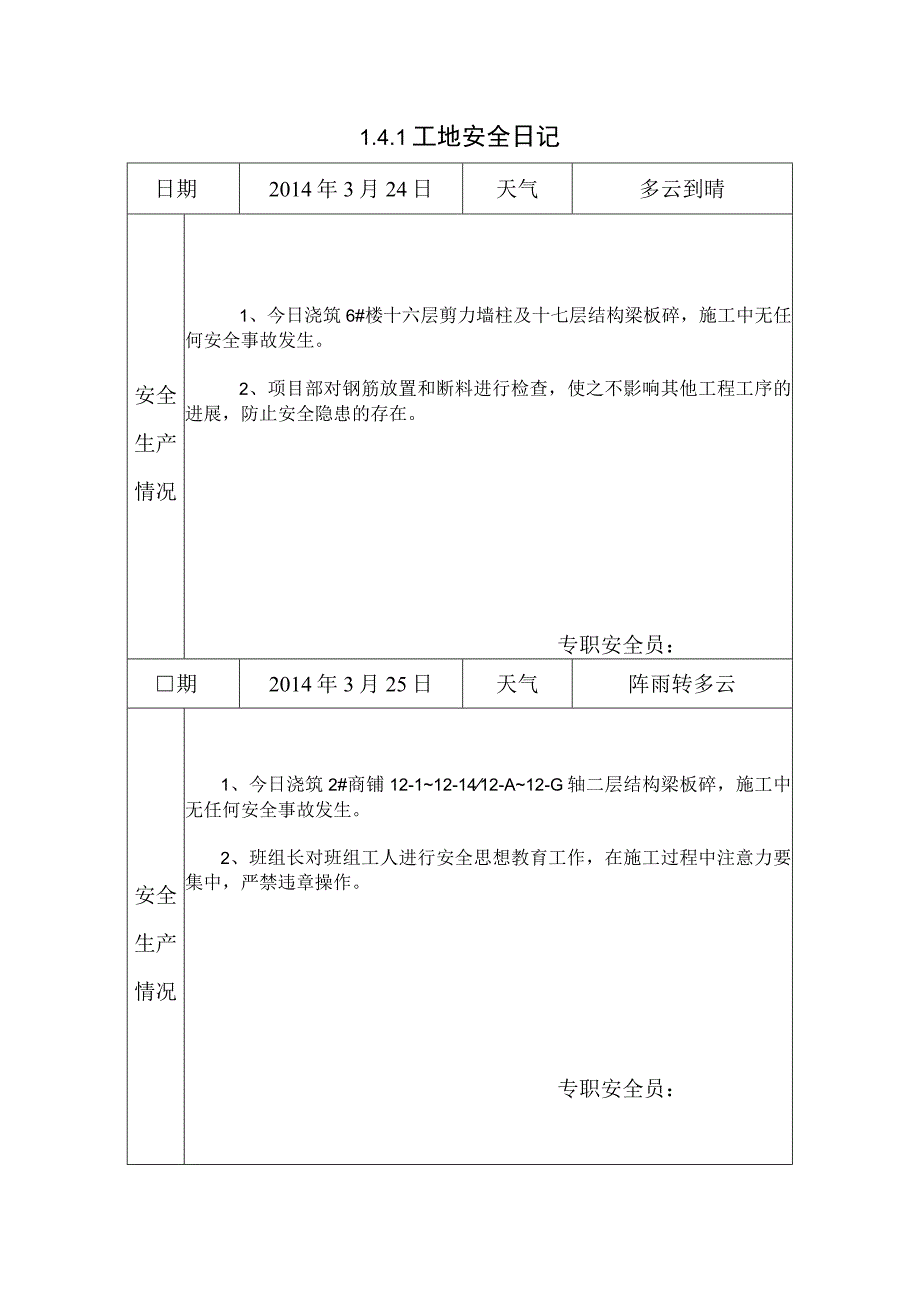 [施工资料]工地安全日记(14).docx_第1页