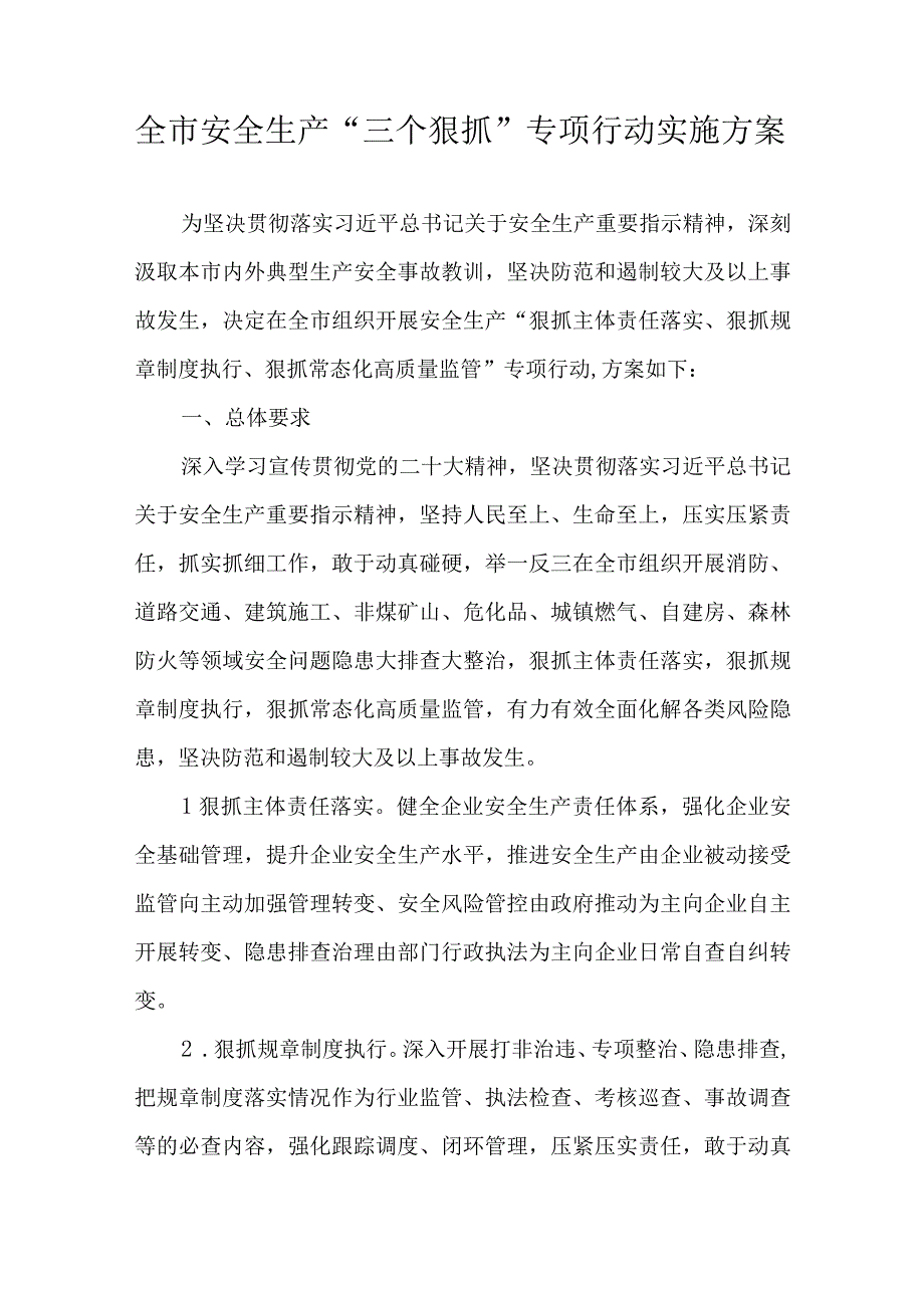 全市安全生产“三个狠抓”专项行动实施方案.docx_第1页