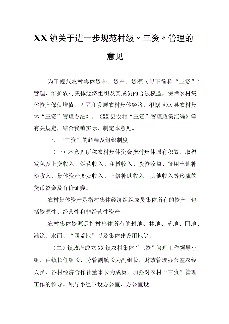 XX镇关于进一步规范村级“三资”管理的意见.docx_第1页