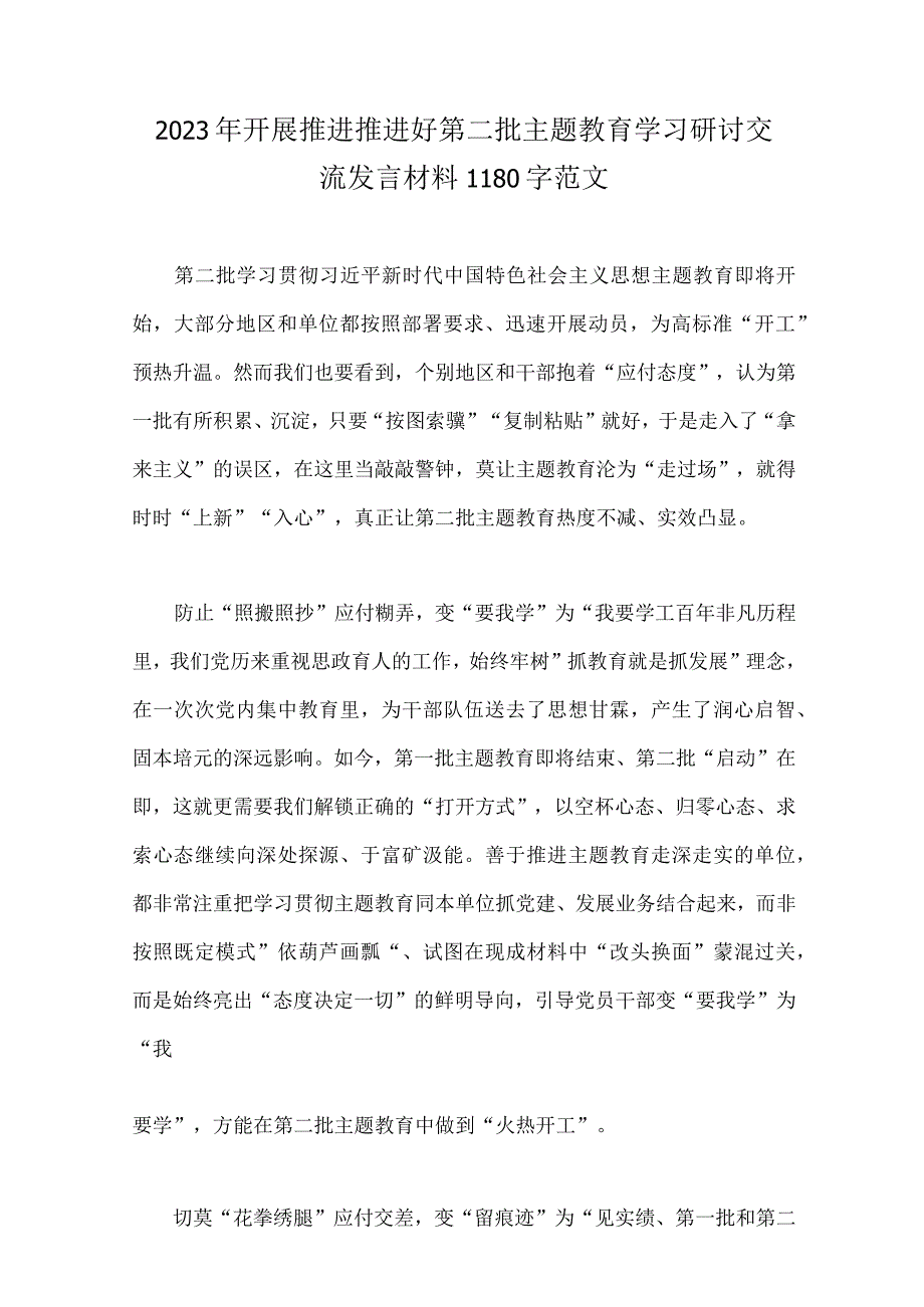 【10篇文】2023年第二批主题教育专题研讨发言材料、学习心得、党课讲稿、筹备工作动员部署会发言材料、实施方案、学习计划.docx_第2页