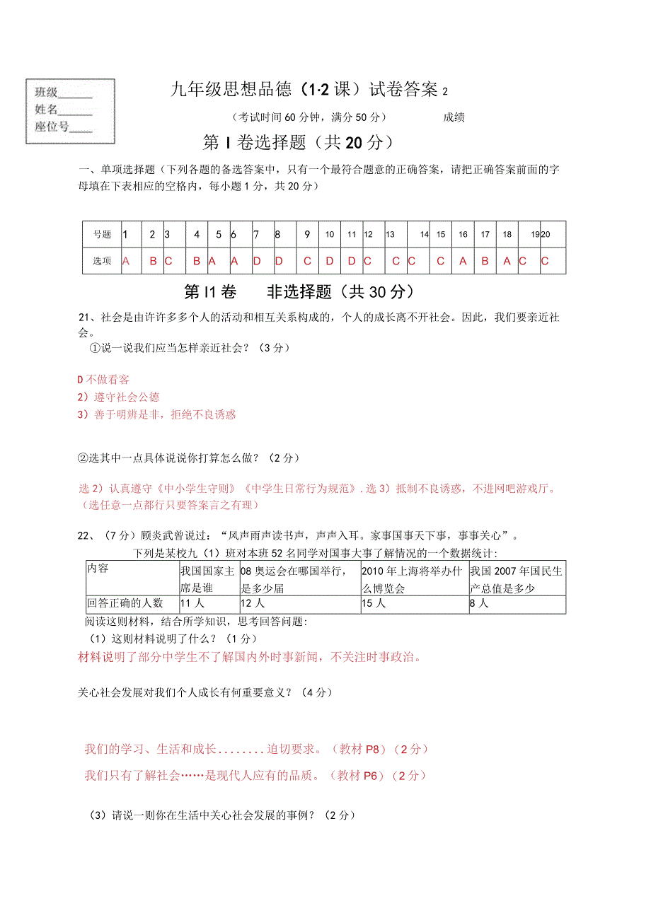 九年级思想品德（1-2课）试卷答案.docx_第1页