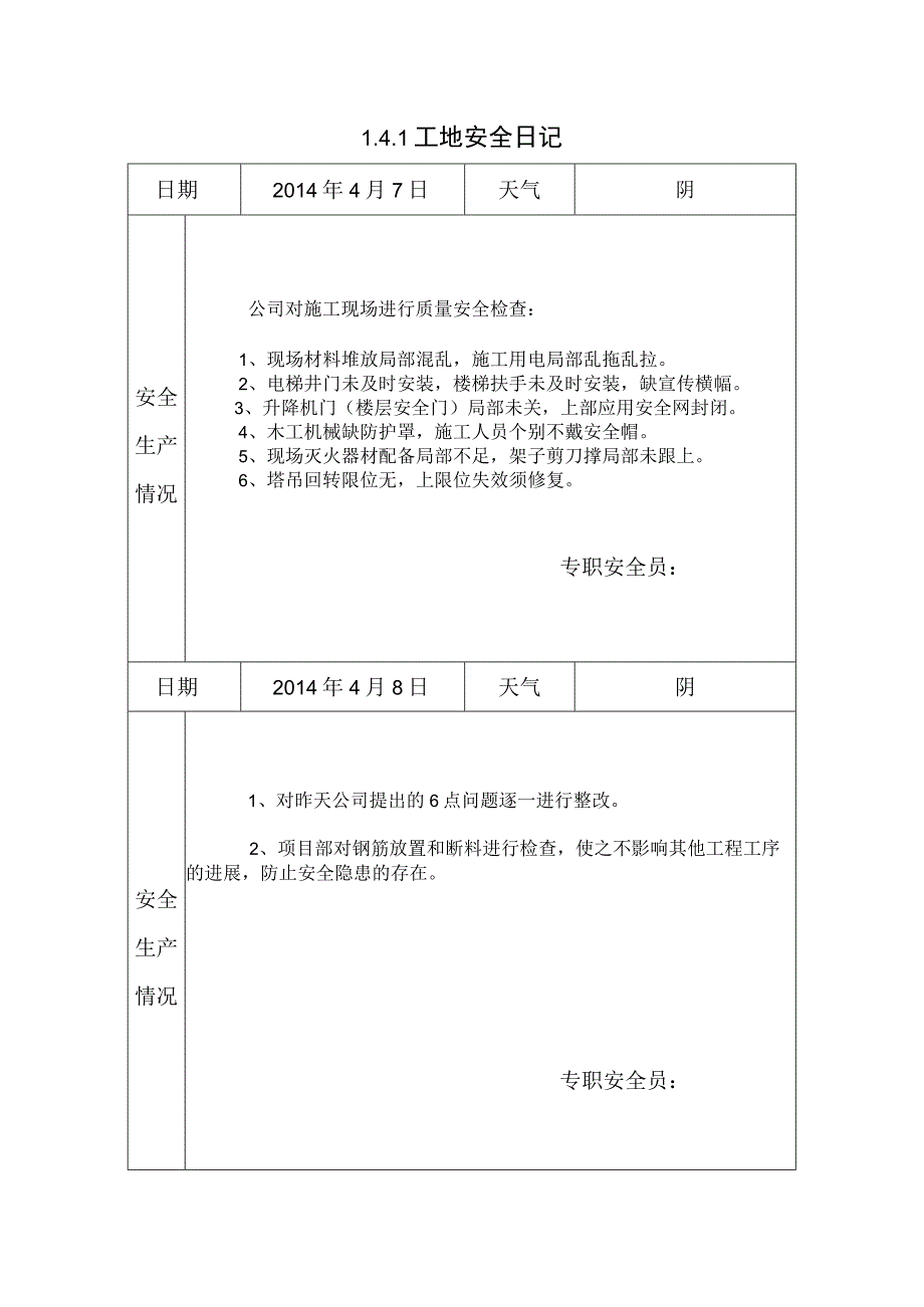 [施工资料]工地安全日记(22).docx_第1页