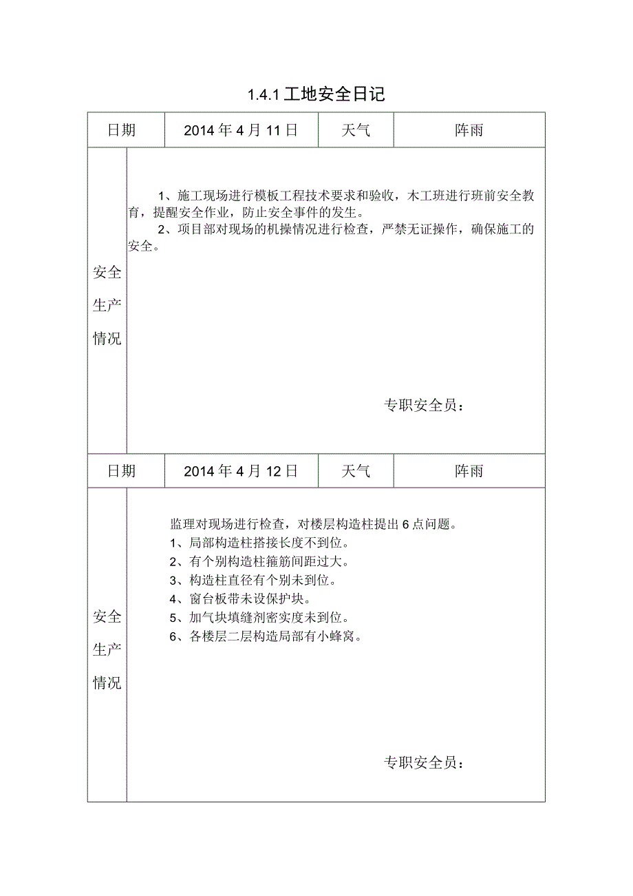 [施工资料]工地安全日记(24).docx_第1页