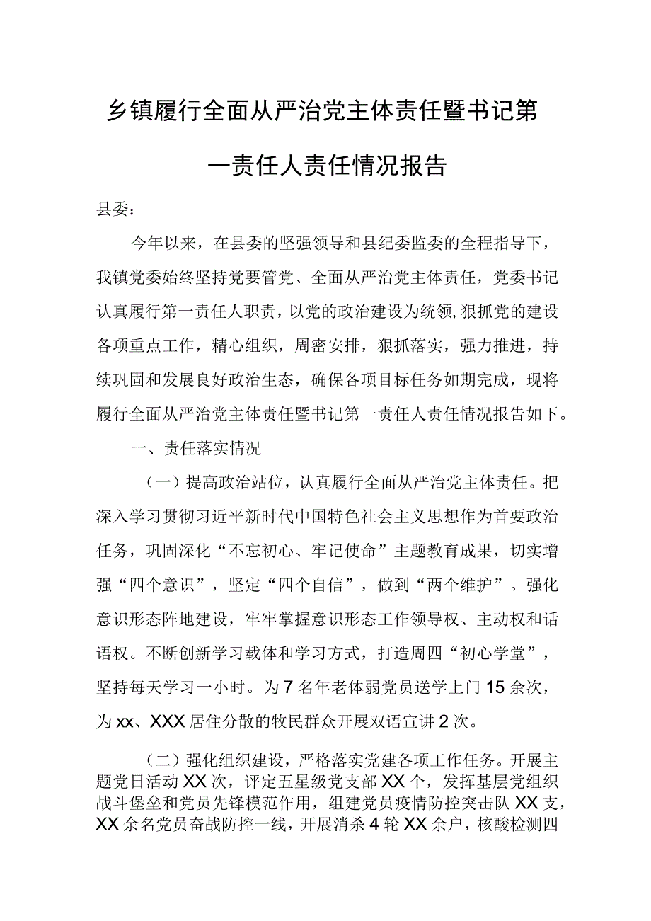 乡镇履行全面从严治党主体责任暨书记第一责任人责任情况报告.docx_第1页