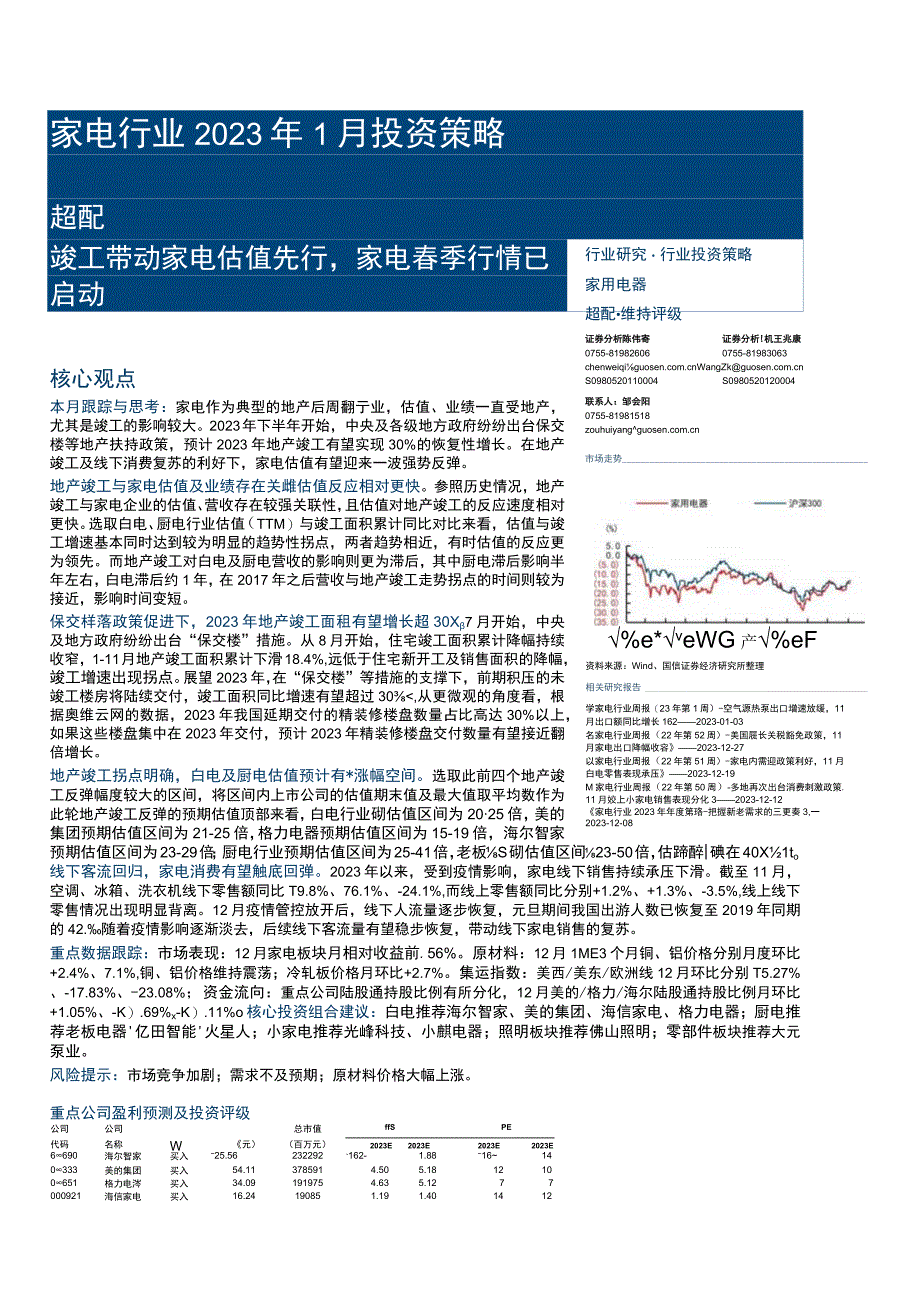 【家居家电研报】家电行业2023年1月投资策略：竣工带动家电估值先行家电春季行情已启动-20230.docx_第1页