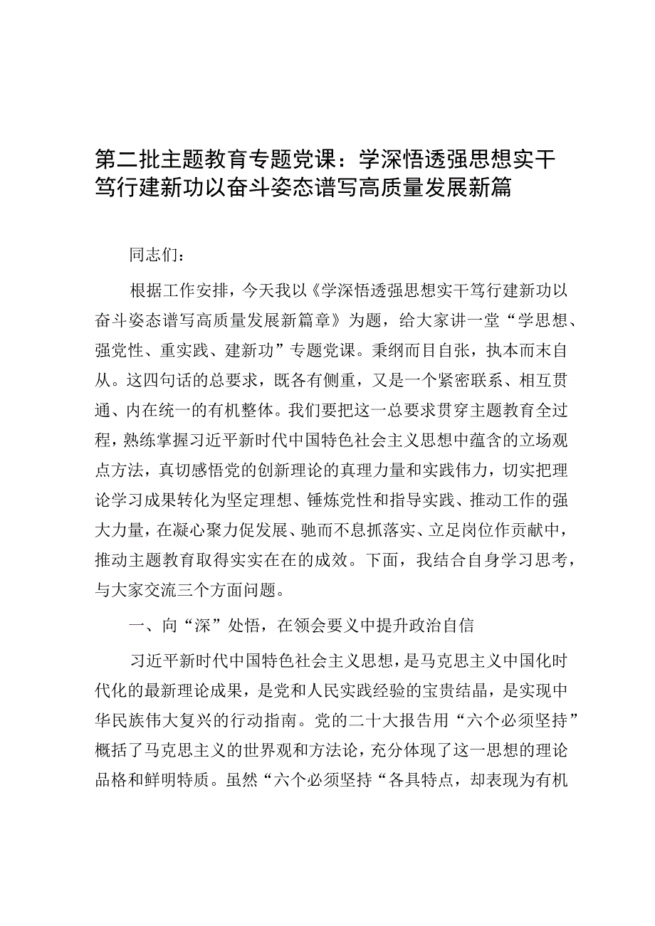 党课：学深悟透强思想 实干笃行建新功 以奋斗姿态谱写高质量发展新篇章（第二批主题教育）.docx_第1页