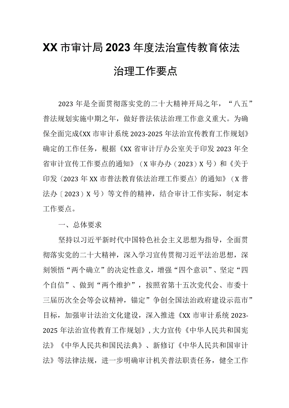 XX市审计局2023年度法治宣传教育依法治理工作要点.docx_第1页