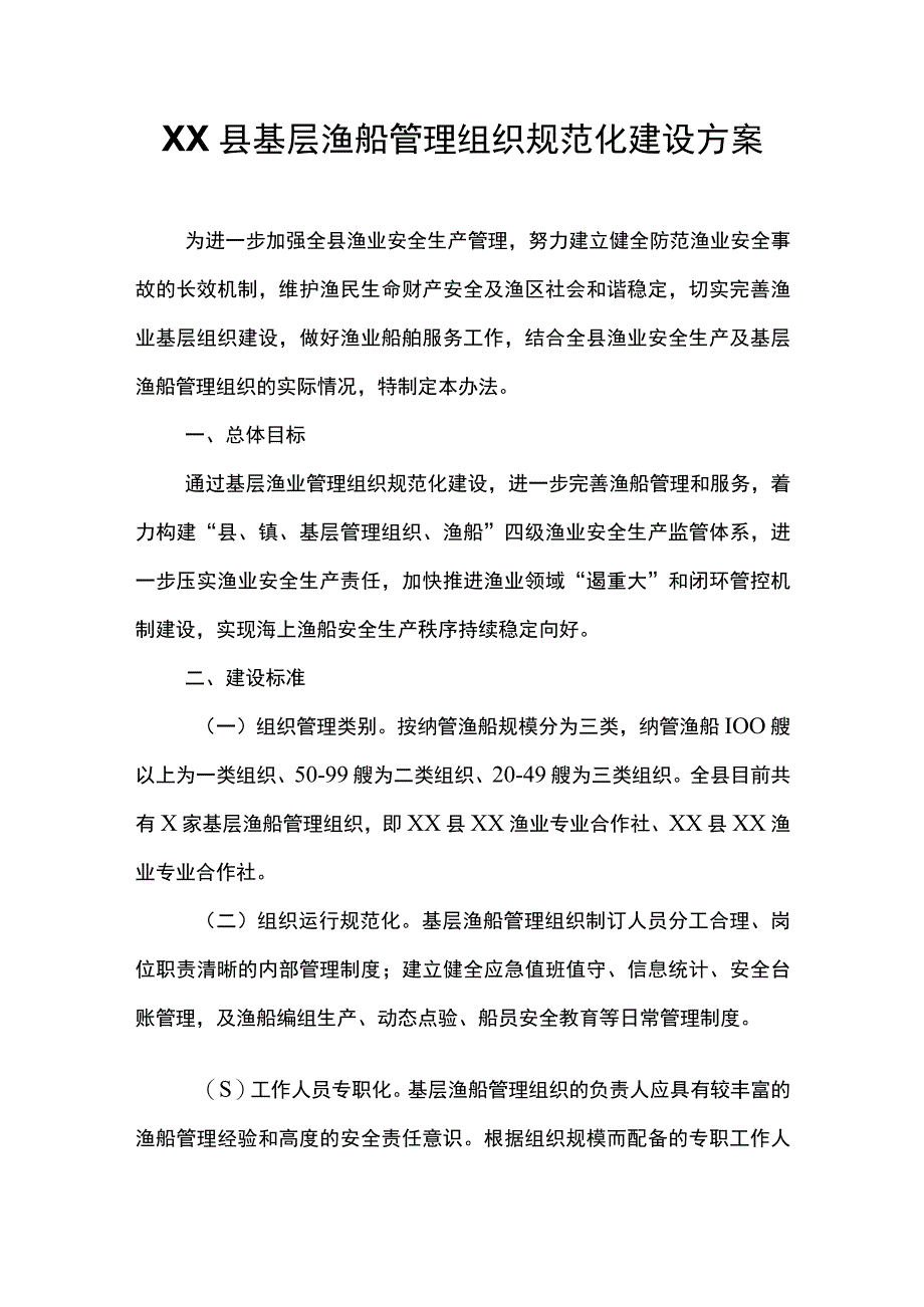 XX县基层渔船管理组织规范化建设方案.docx_第1页