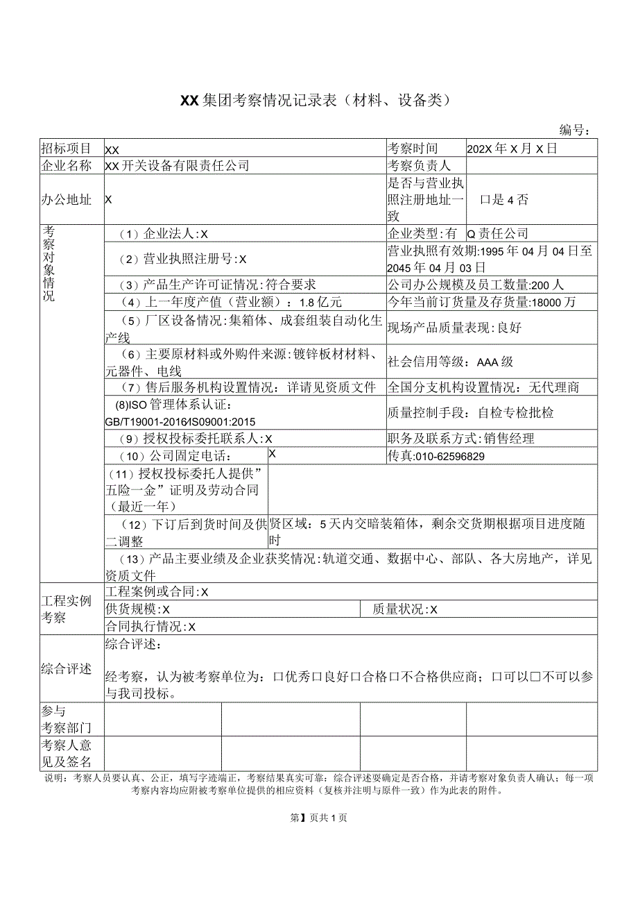 XX集团考察情况记录表（材料、设备类）（2023年）.docx_第1页