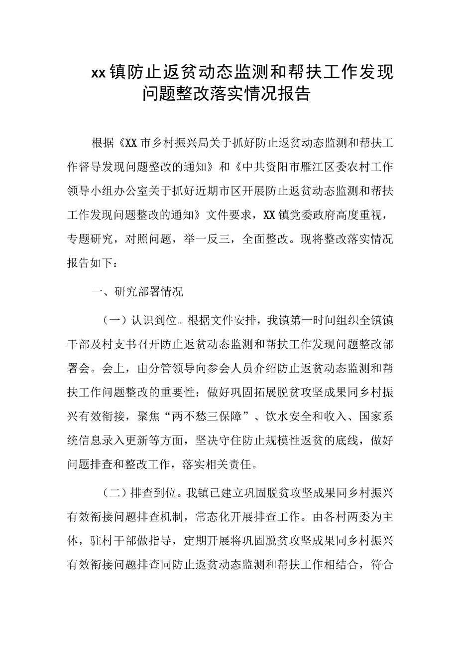 xx镇防止返贫动态监测和帮扶工作发现问题整改落实情况报告.docx_第1页