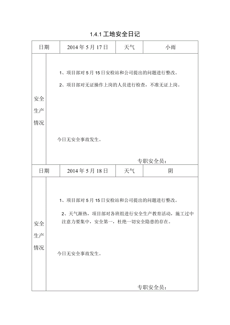 [施工资料]工地安全日记(28).docx_第1页