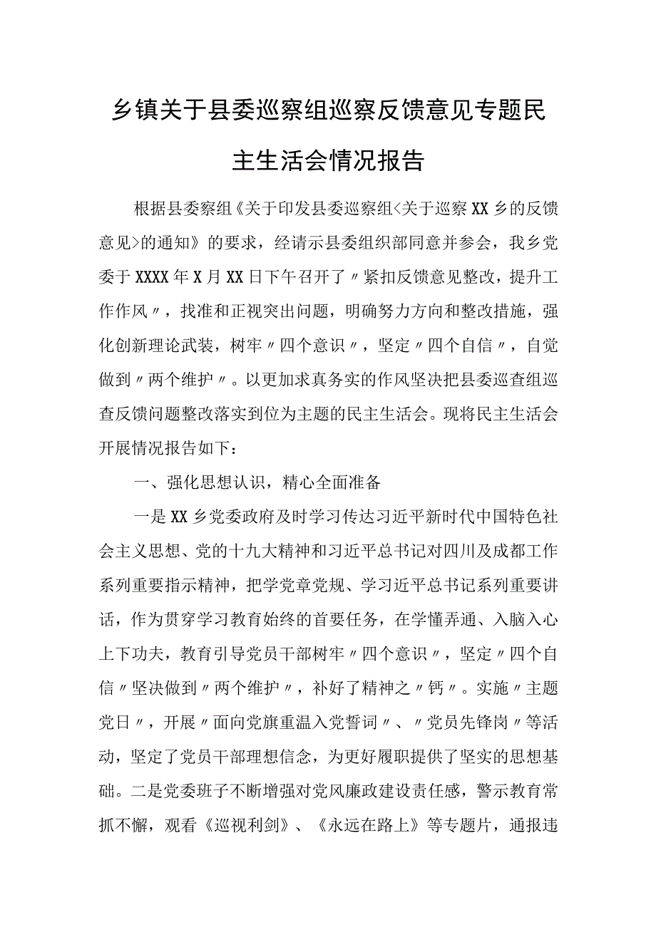 乡镇关于县委巡察组巡察反馈意见专题民主生活会情况报告1.docx_第1页