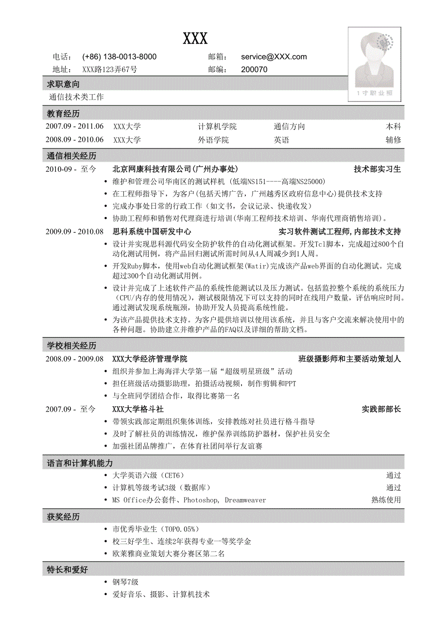 应聘通信类岗位简历模板2.doc_第1页