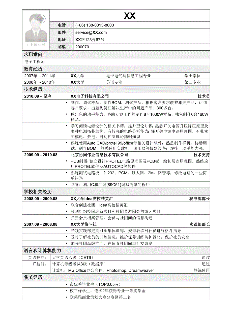 应聘电子工程师岗位简历模板.doc_第1页