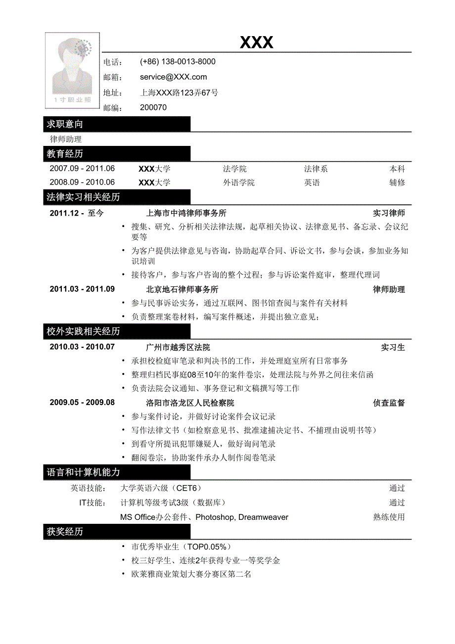 应聘律师助理_法务类工作的简历模板.doc_第1页