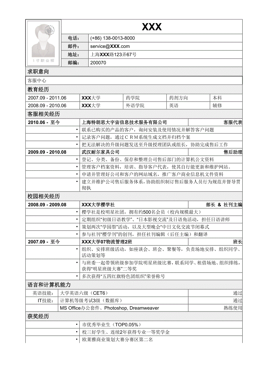 应聘客服类岗位简历模板.doc_第1页