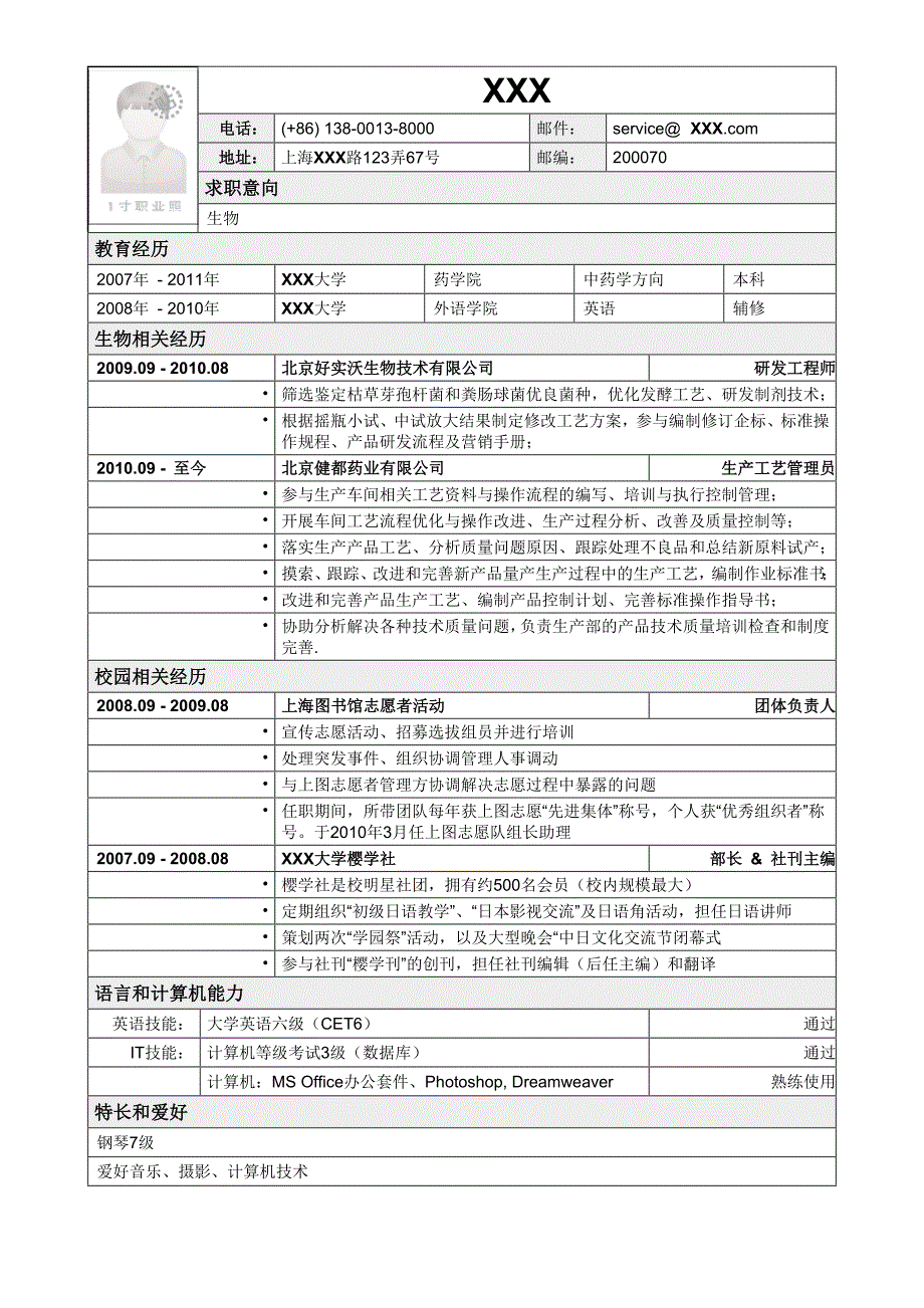 应聘生物类岗位简历模板2.doc_第1页