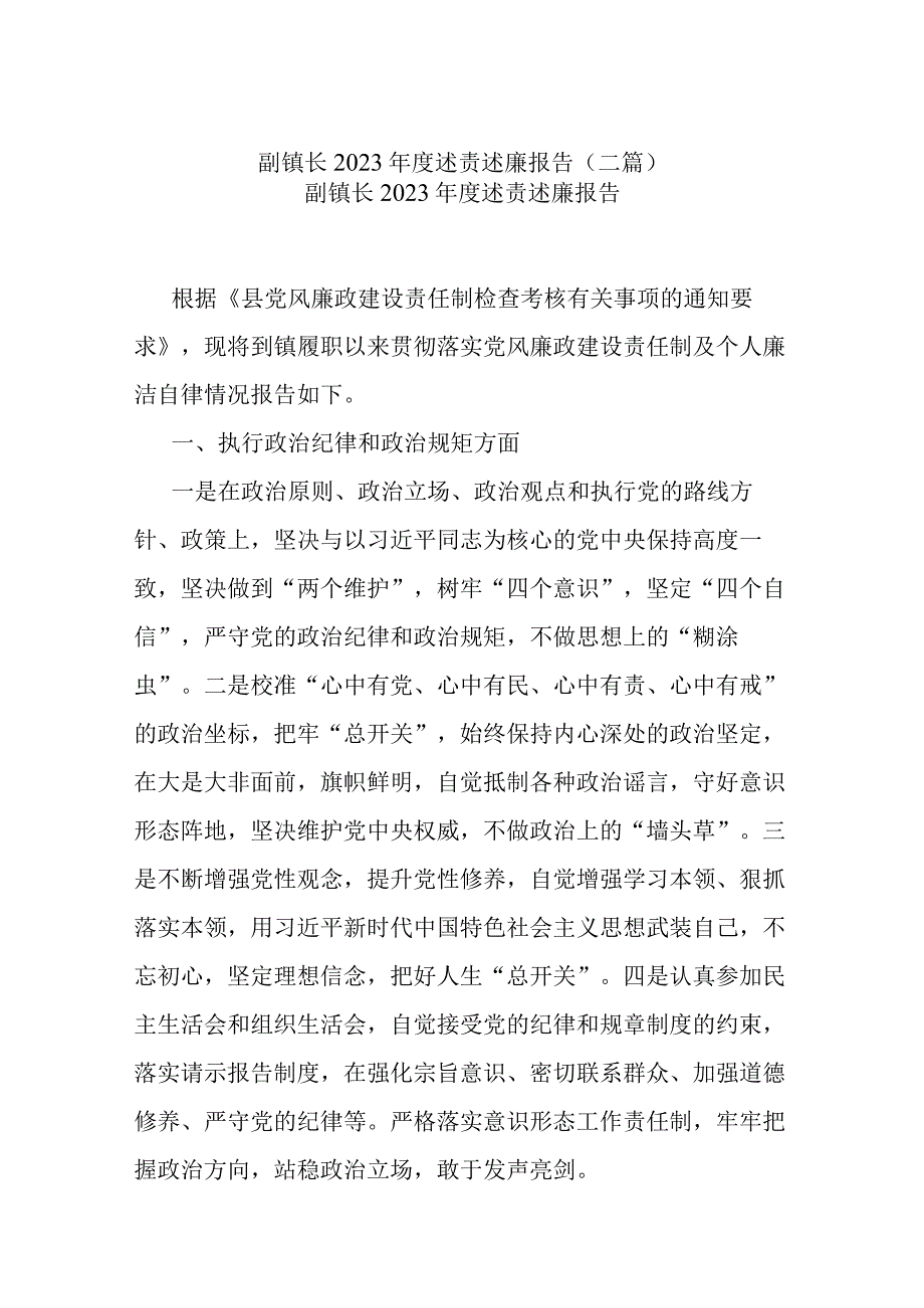 副镇长2023年度述责述廉报告(二篇).docx_第1页