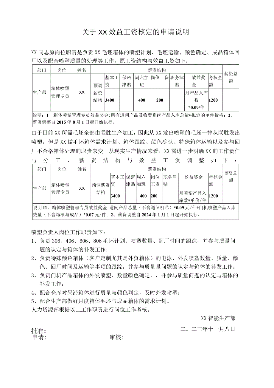 关于企业员工效益工资核定的申请说明.docx_第1页