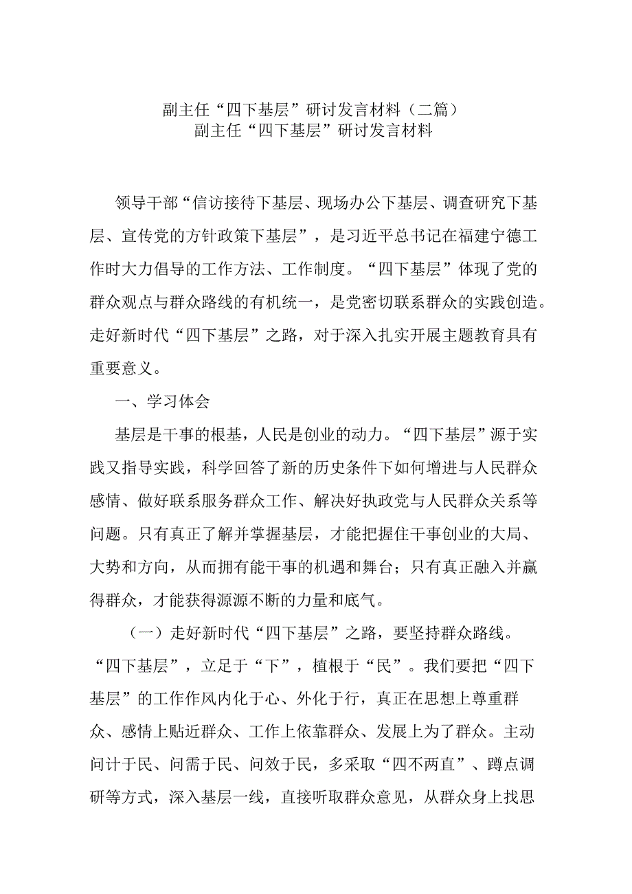 副主任“四下基层”研讨发言材料(二篇).docx_第1页