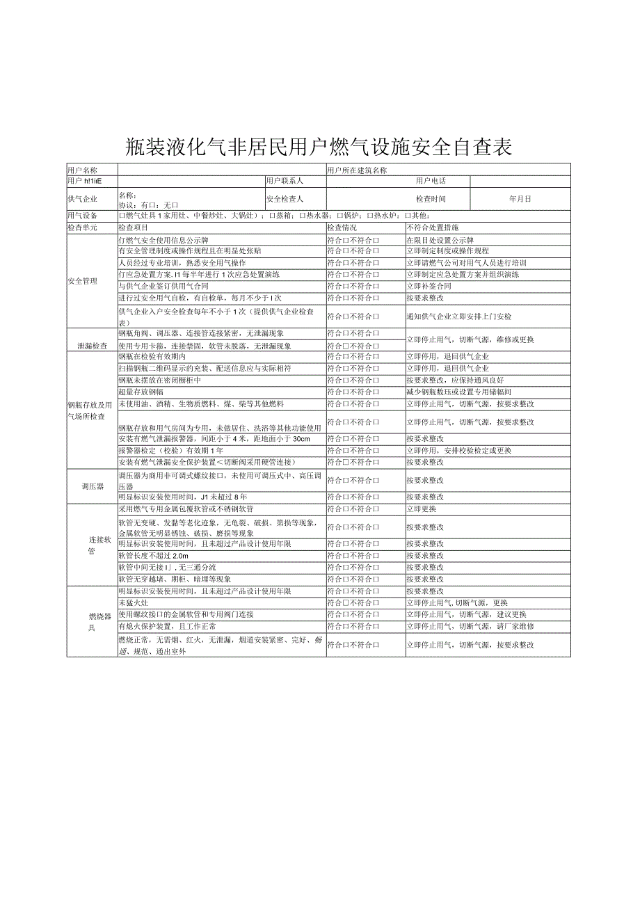 瓶装液化气非居民用户燃气设施安全自查表（模板）.docx_第1页