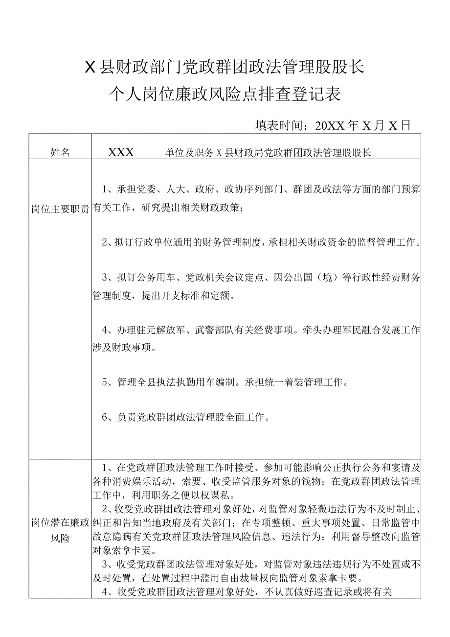 某县财政部门部门党政群团政法管理股股长个人岗位廉政风险点排查登记表.docx_第1页