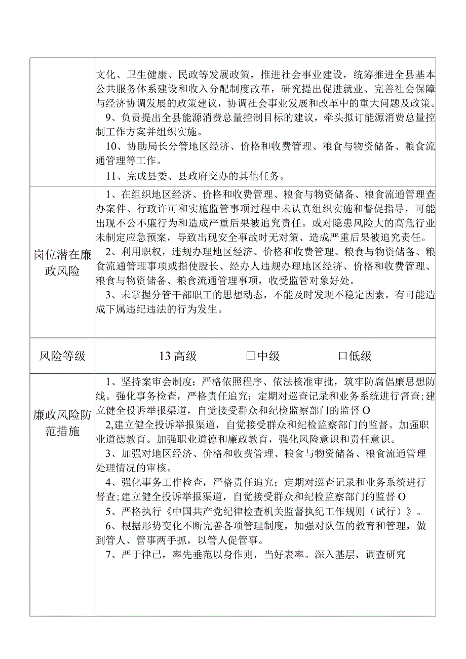 某县发展和改革部门分管地区经济价格和收费管理粮食与物资储备粮食流通管理等副职个人岗位廉政风险点排查登记表.docx_第2页