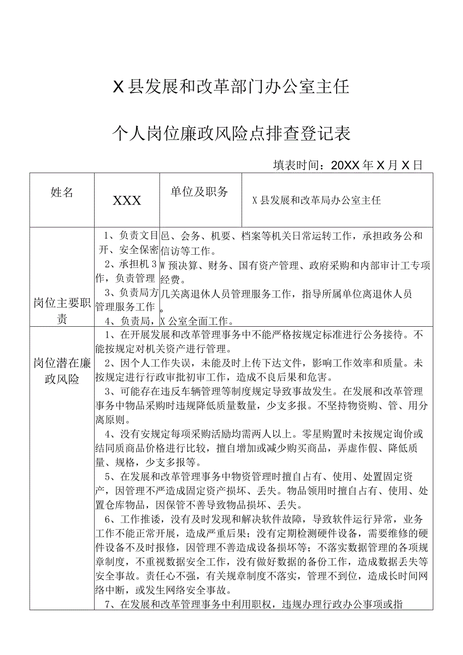 某县发展和改革部门办公室主任个人岗位廉政风险点排查登记表.docx_第1页