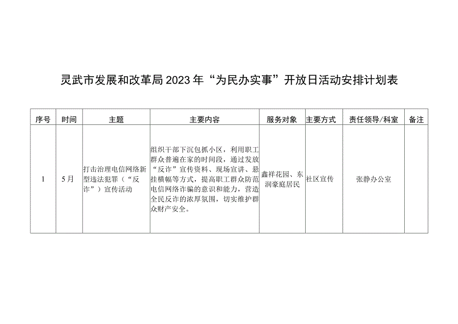 灵武市发展和改革局2023年“为民办实事”开放日活动安排计划表.docx_第1页