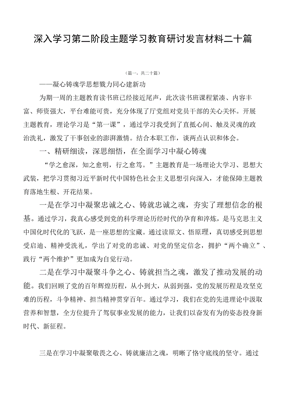 深入学习第二阶段主题学习教育研讨发言材料二十篇.docx_第1页