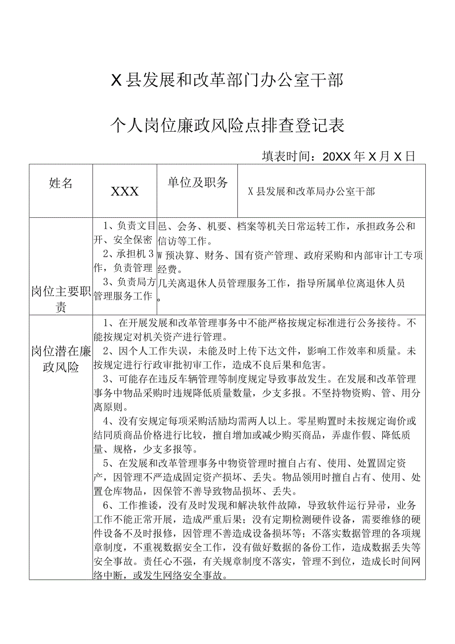 某县发展和改革部门办公室干部个人岗位廉政风险点排查登记表.docx_第1页