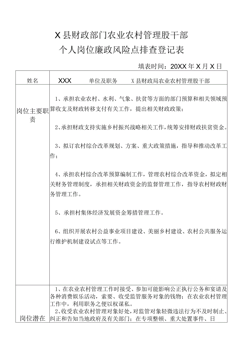 某县财政部门部门农业农村管理股干部个人岗位廉政风险点排查登记表.docx_第1页