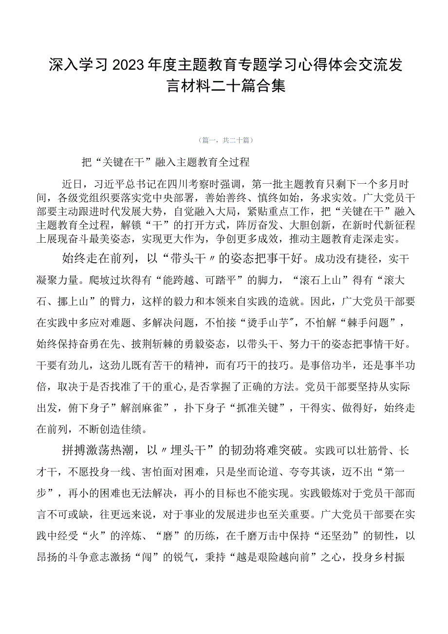 深入学习2023年度主题教育专题学习心得体会交流发言材料二十篇合集.docx_第1页