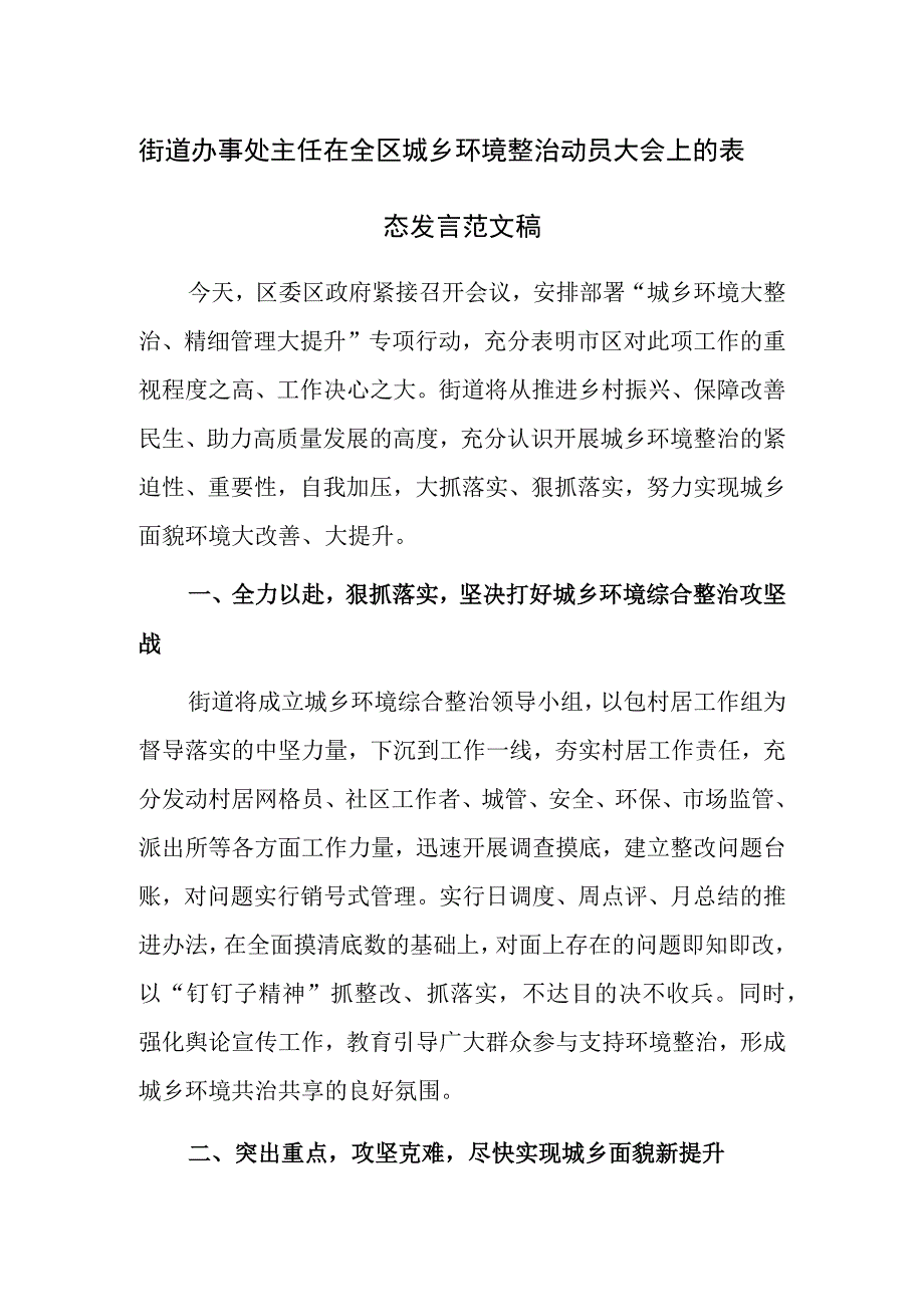 街道办事处主任在全区城乡环境整治动员大会上的表态发言范文稿.docx_第1页