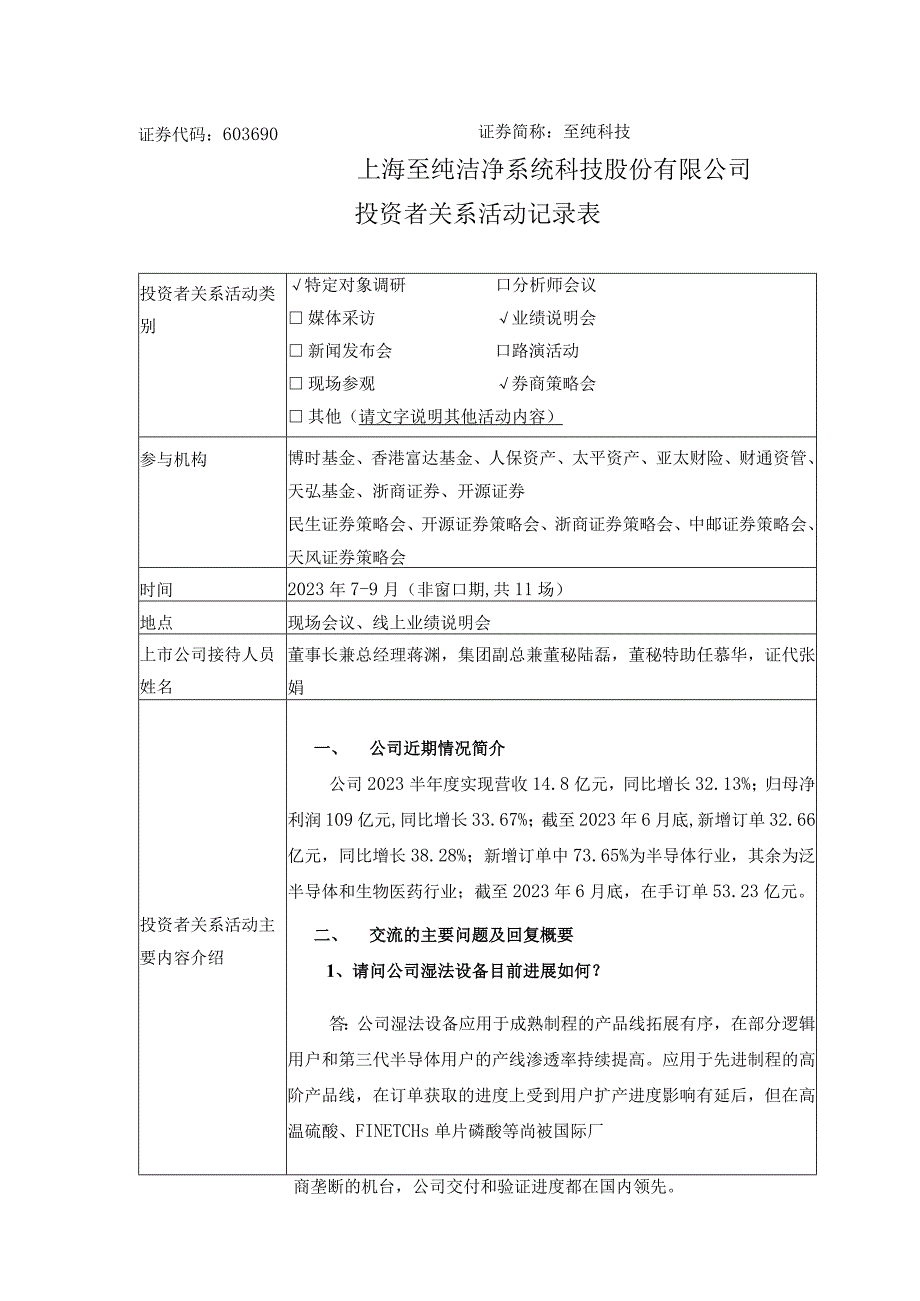 至纯科技上海至纯洁净系统科技股份有限公司投资者关系活动记录表.docx_第1页