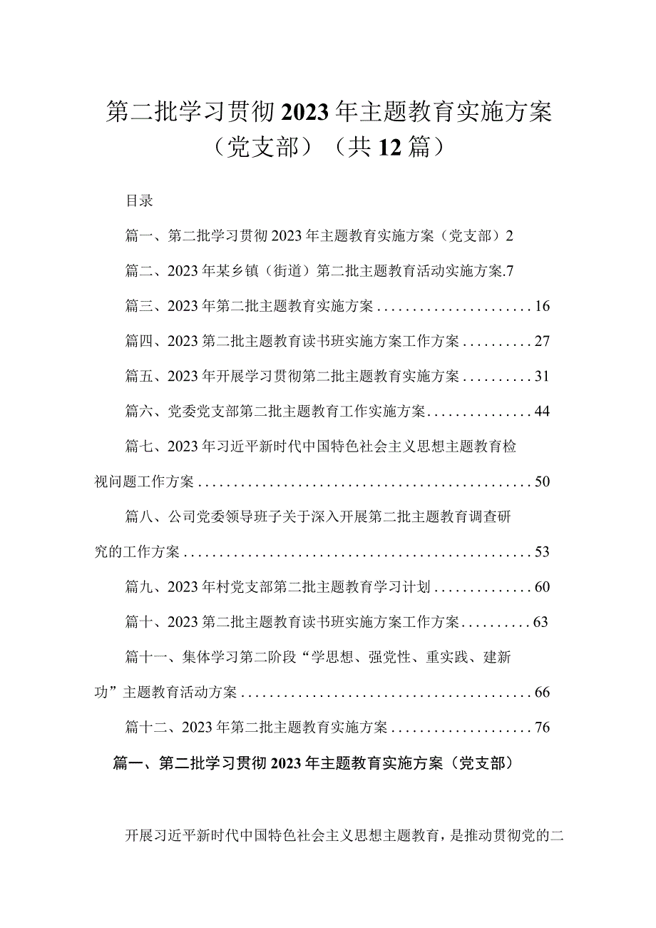 第二批学习贯彻2023年主题教育实施方案（党支部）12篇（精编版）.docx_第1页