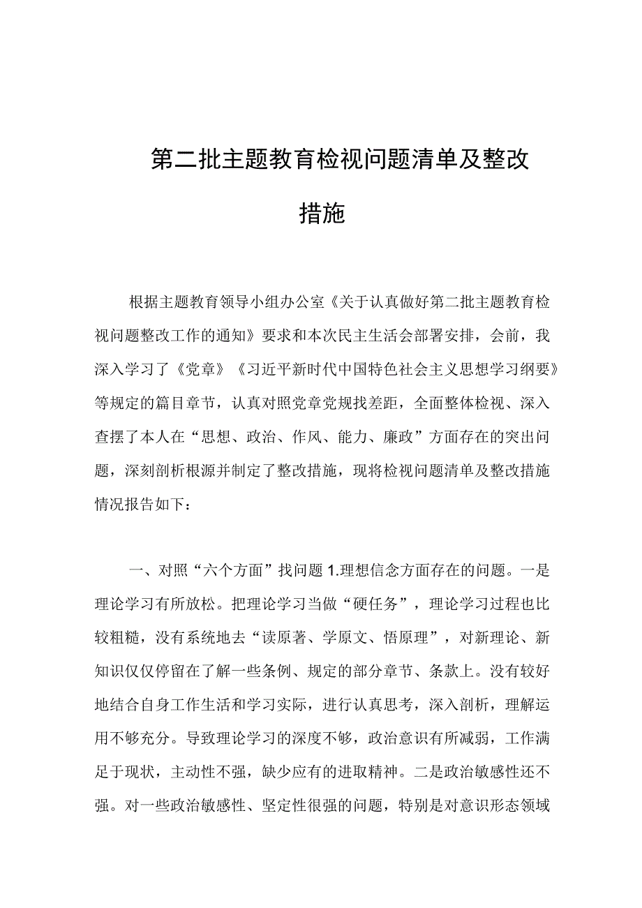 第二批主题教育检视问题清单及整改措施.docx_第1页