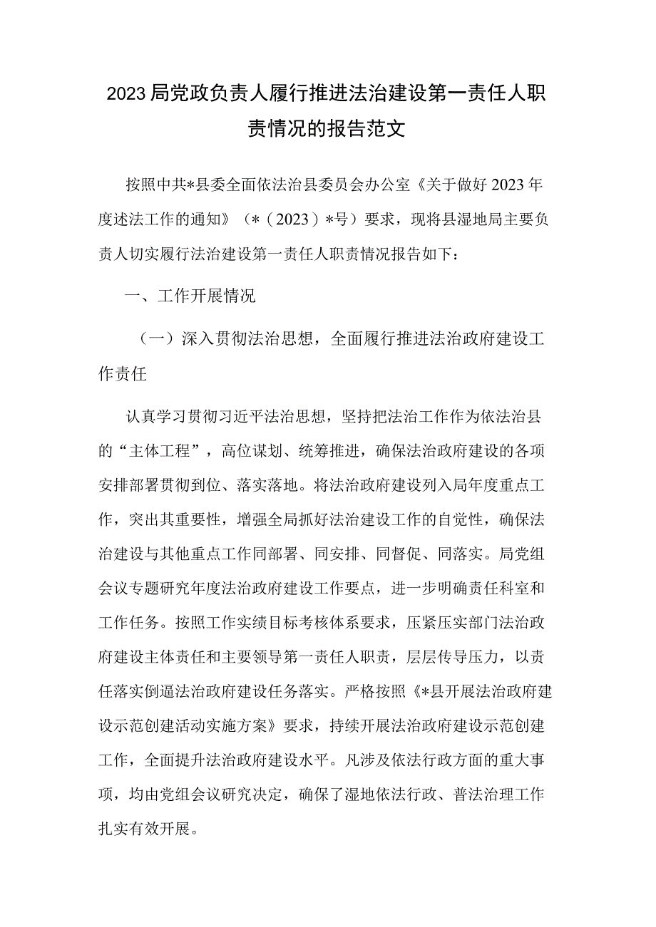 2023局党政负责人履行推进法治建设第一责任人职责情况的报告范文.docx_第1页