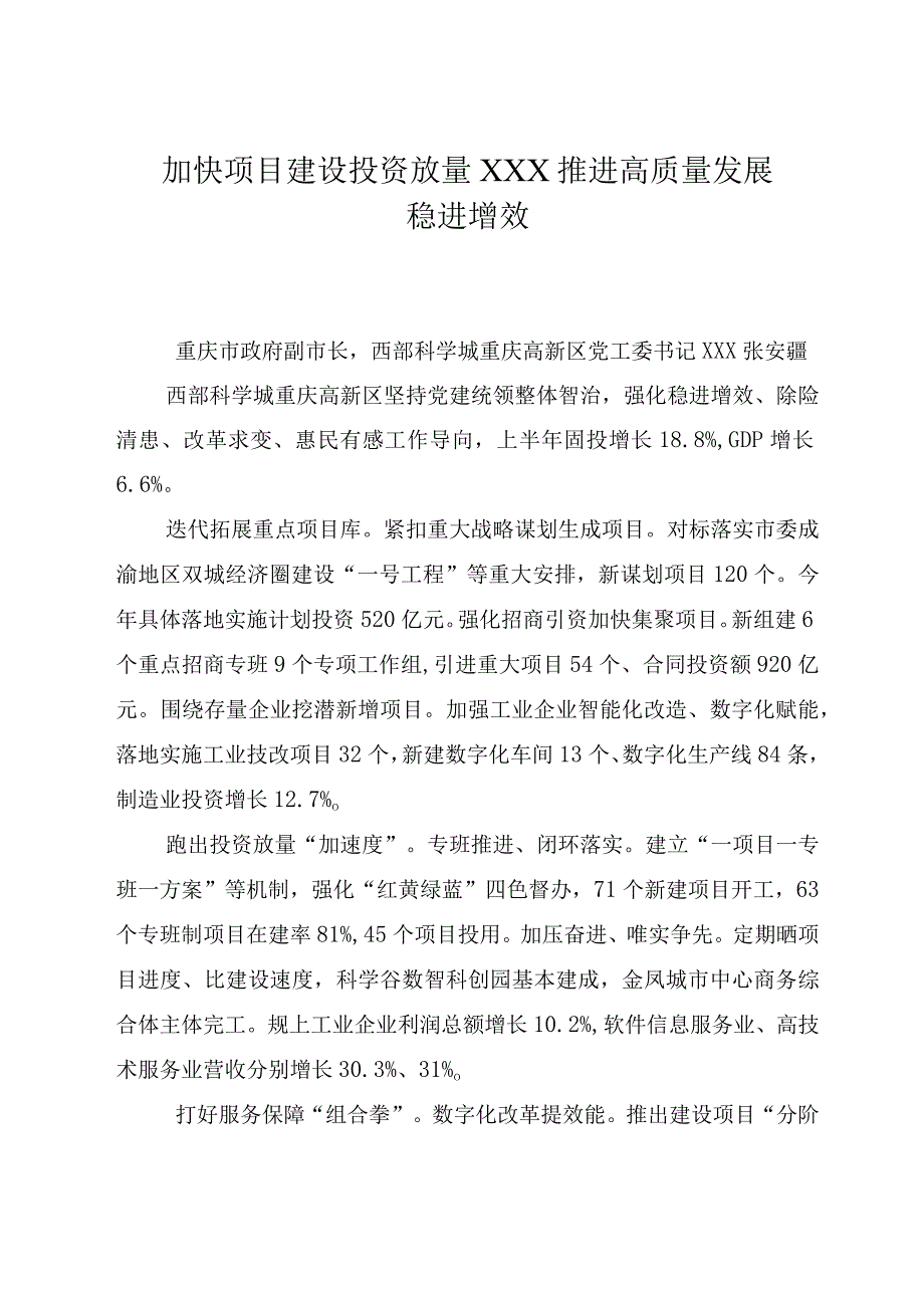 加快项目建设投资放量 推动高质量发展稳进增效.docx_第1页