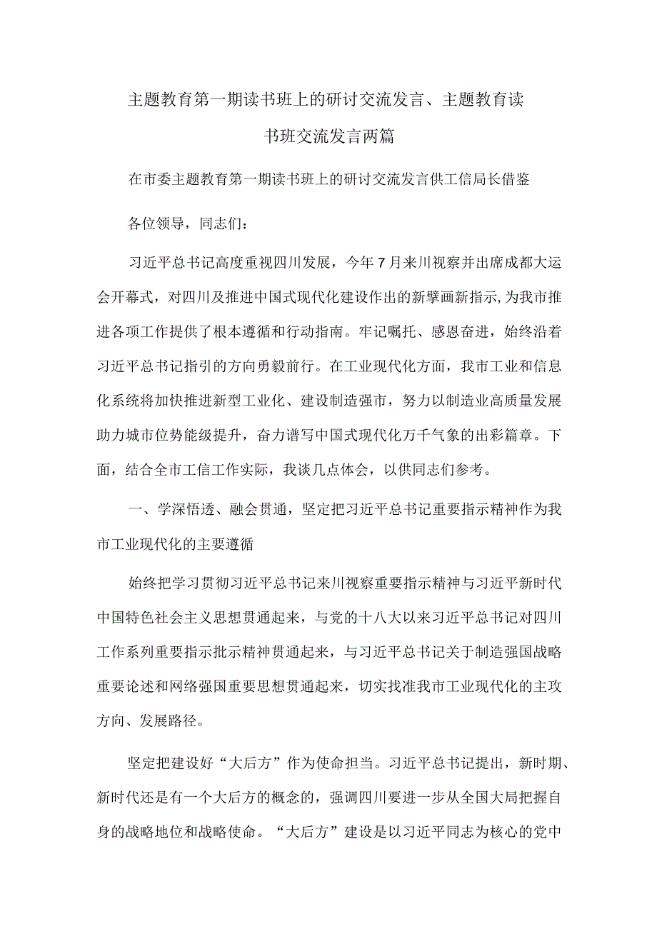 主题教育第一期读书班上的研讨交流发言、主题教育读书班交流发言两篇.docx_第1页